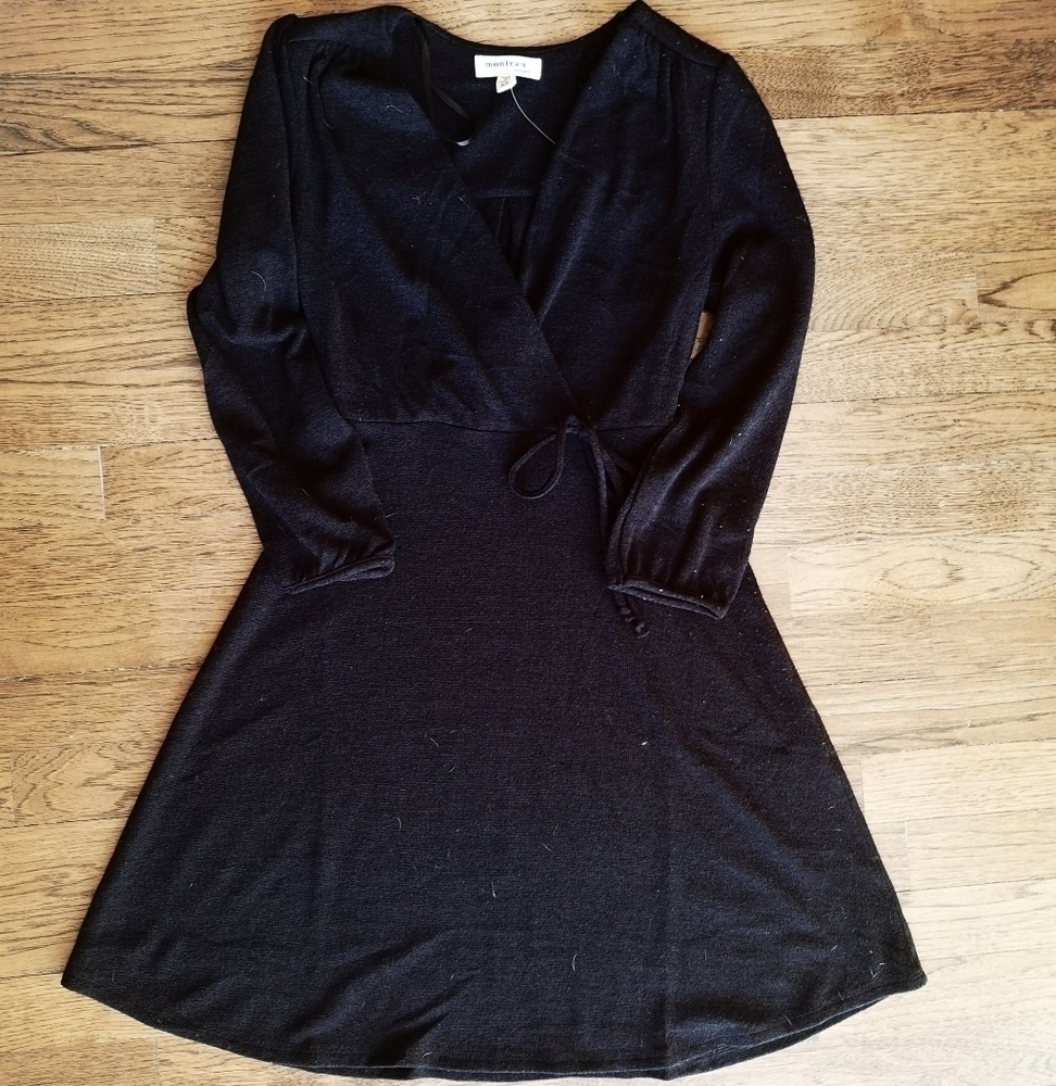 𝅺MONTEAU Black Cross-Over Front Knit Dress XS New